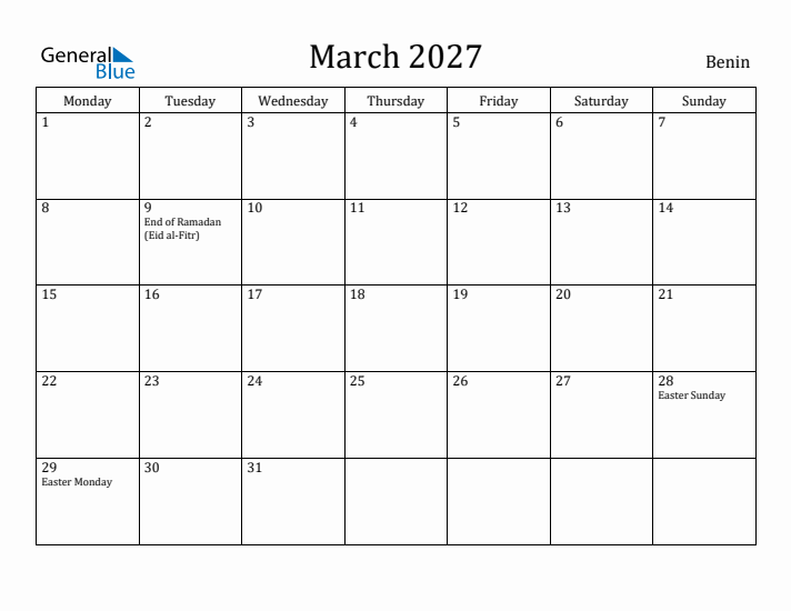 March 2027 Calendar Benin