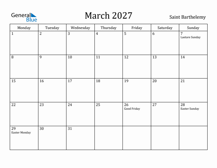 March 2027 Calendar Saint Barthelemy