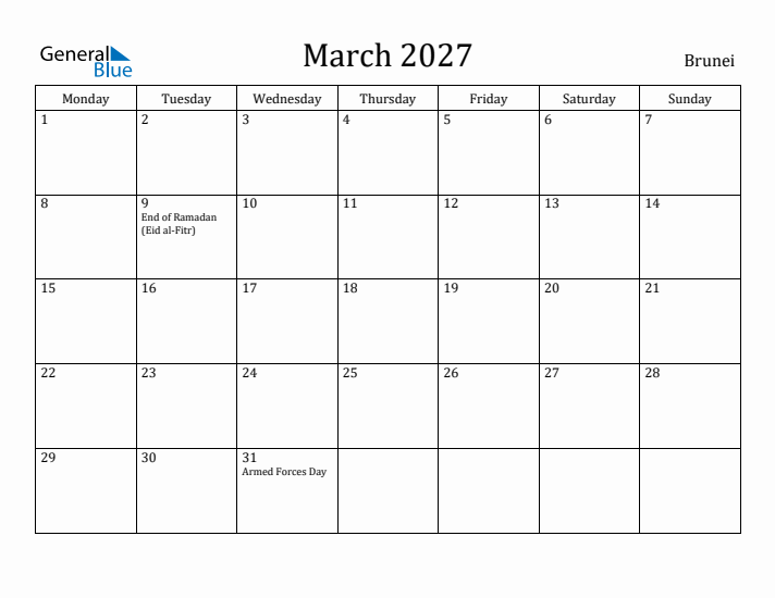 March 2027 Calendar Brunei