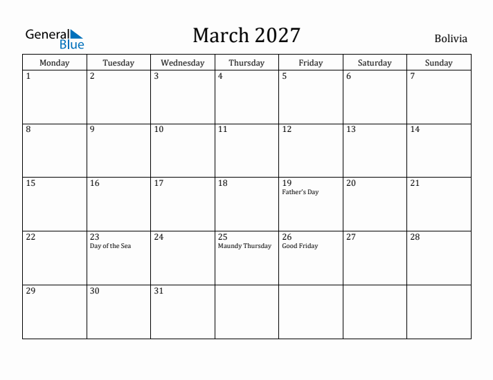 March 2027 Calendar Bolivia