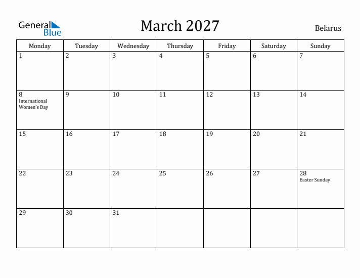 March 2027 Calendar Belarus