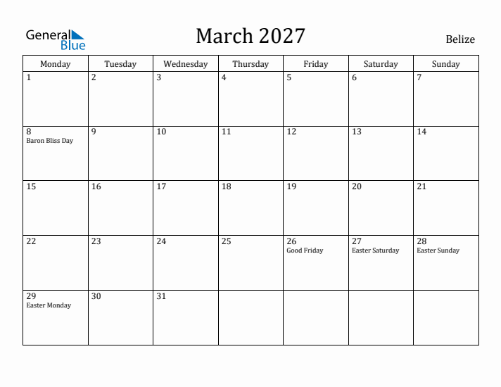 March 2027 Calendar Belize