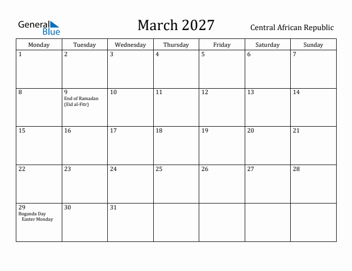 March 2027 Calendar Central African Republic
