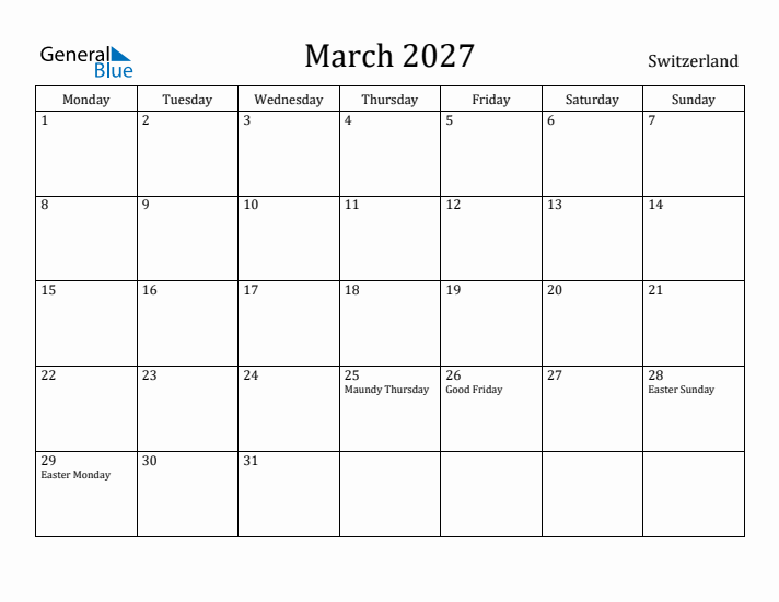 March 2027 Calendar Switzerland