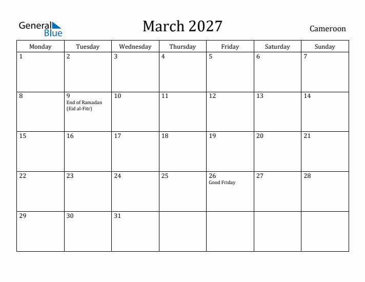 March 2027 Calendar Cameroon