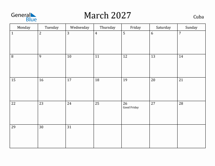 March 2027 Calendar Cuba