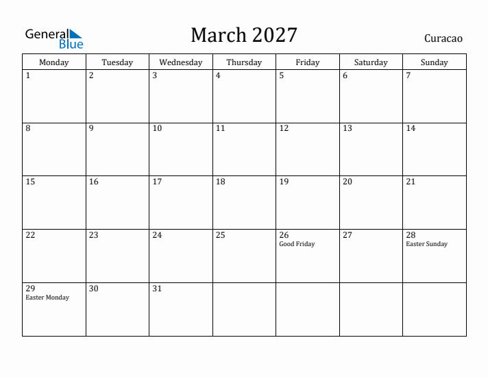 March 2027 Calendar Curacao