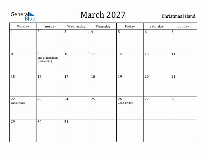 March 2027 Calendar Christmas Island