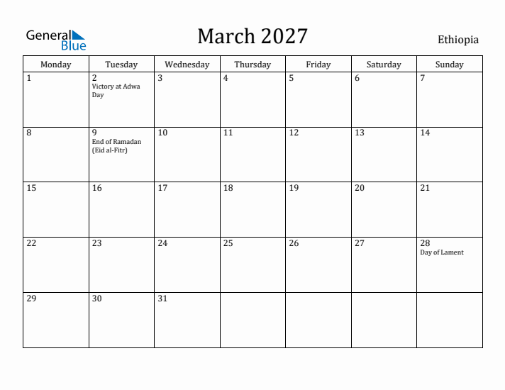 March 2027 Calendar Ethiopia
