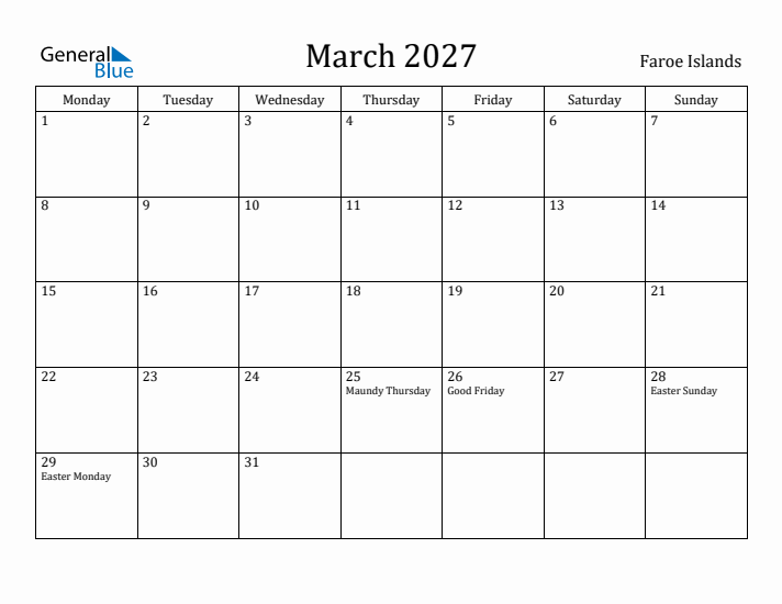 March 2027 Calendar Faroe Islands
