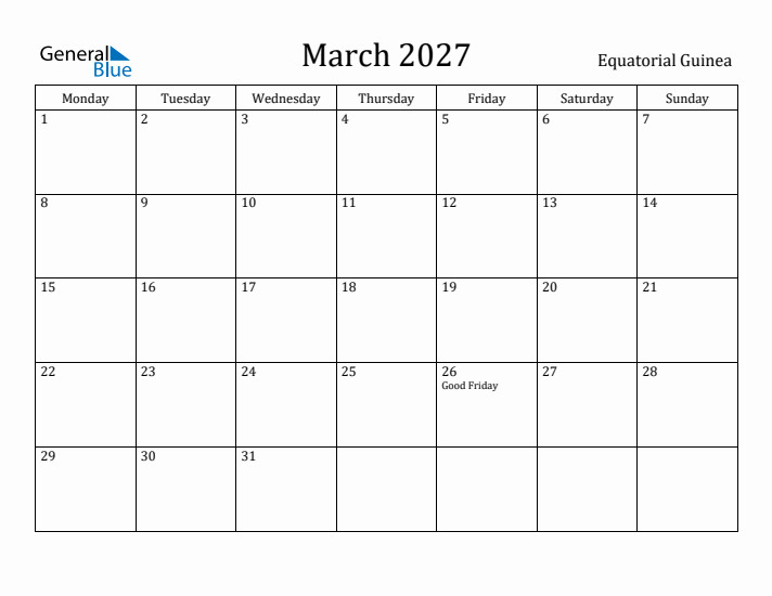 March 2027 Calendar Equatorial Guinea