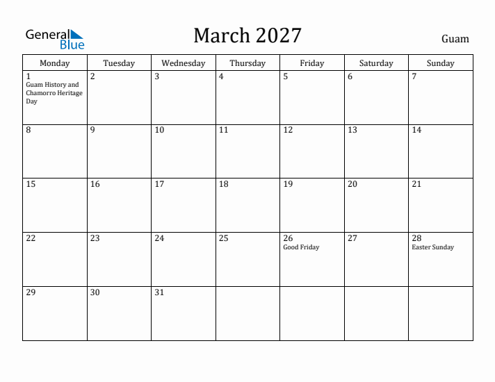 March 2027 Calendar Guam