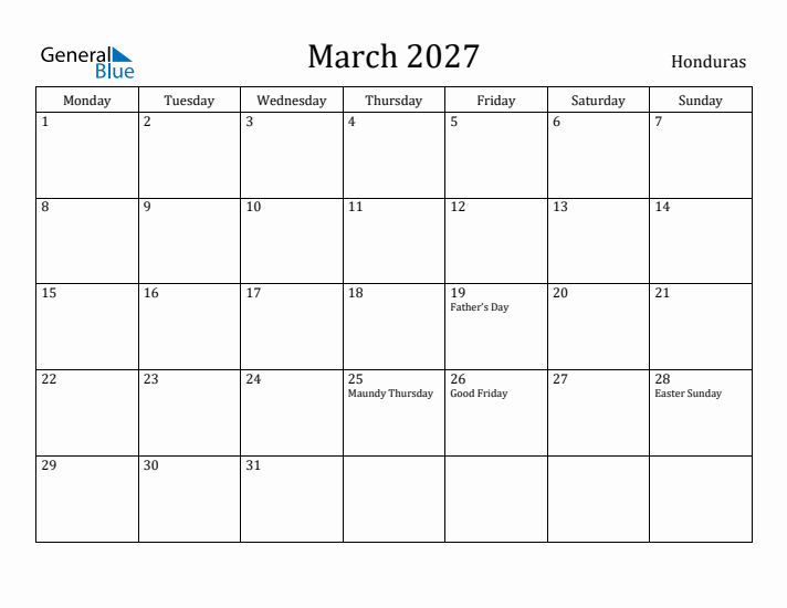 March 2027 Calendar Honduras