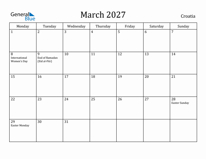 March 2027 Calendar Croatia