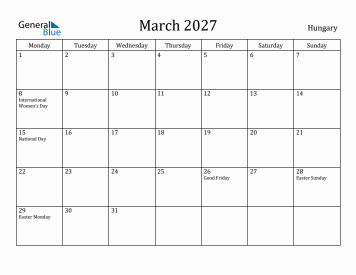March 2027 Calendar Hungary