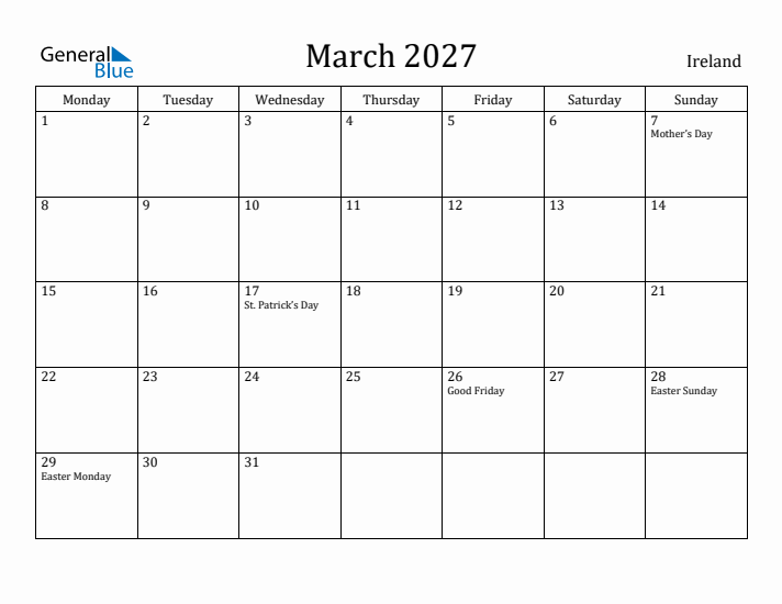 March 2027 Calendar Ireland