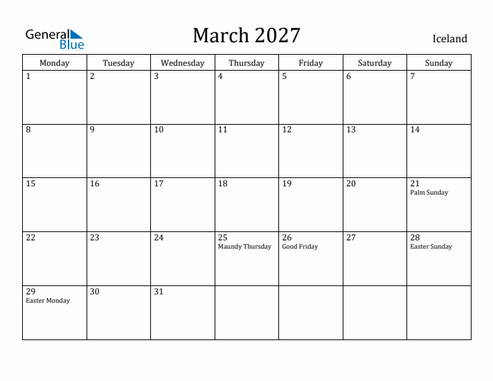March 2027 Calendar Iceland