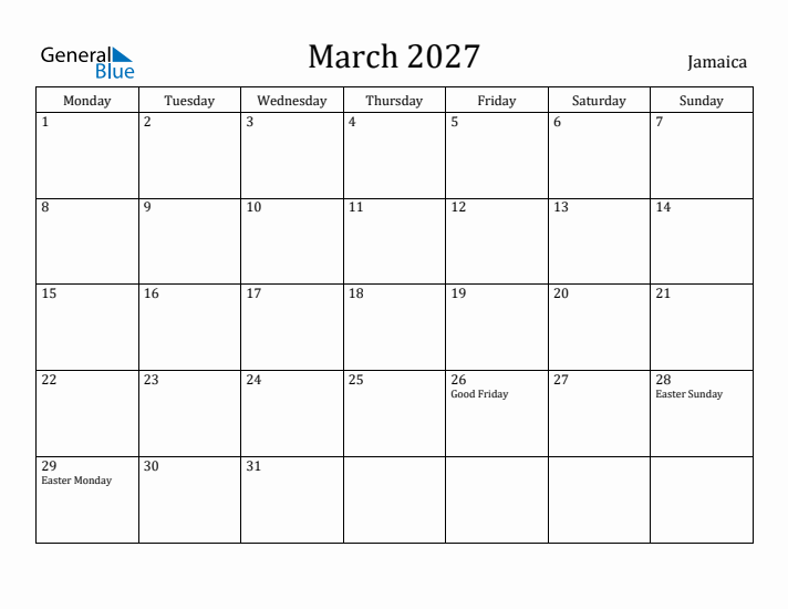 March 2027 Calendar Jamaica
