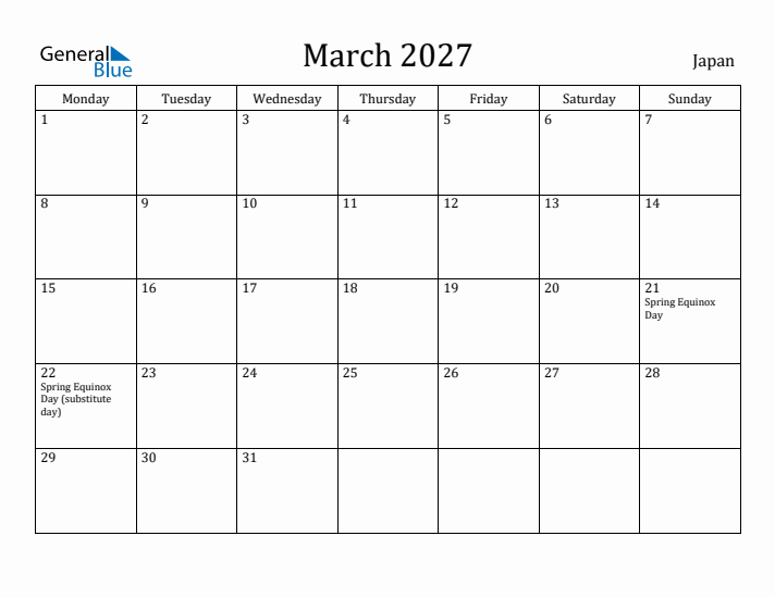 March 2027 Calendar Japan