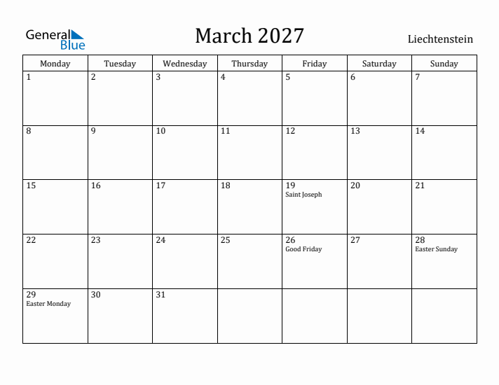 March 2027 Calendar Liechtenstein