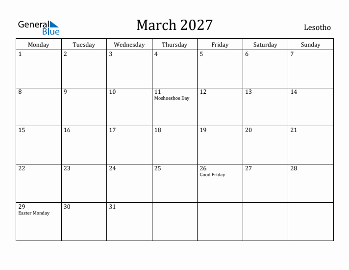 March 2027 Calendar Lesotho