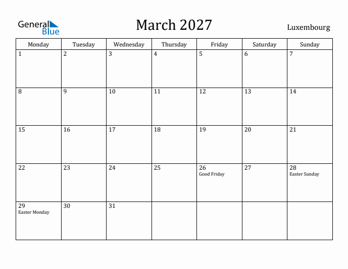 March 2027 Calendar Luxembourg