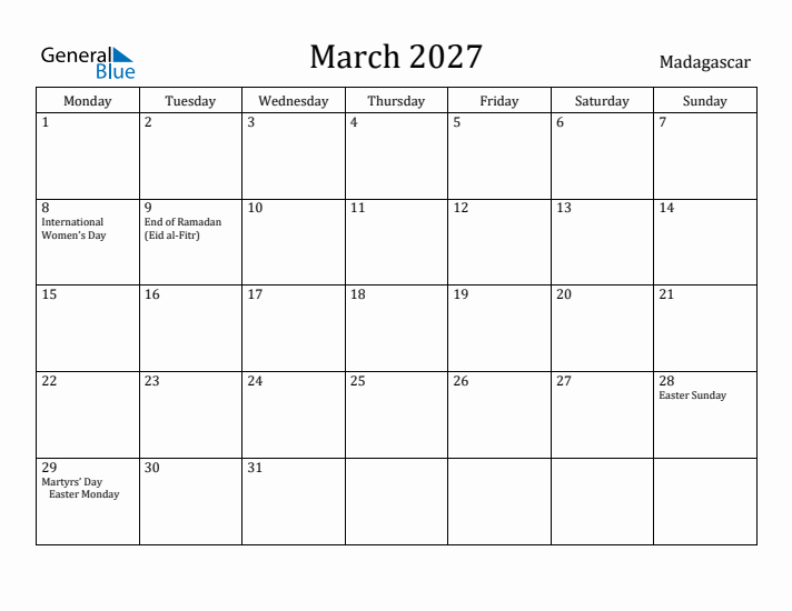March 2027 Calendar Madagascar