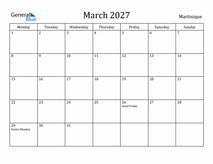 March 2027 Calendar Martinique