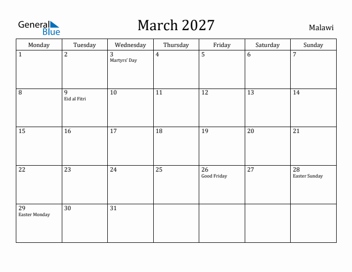 March 2027 Calendar Malawi