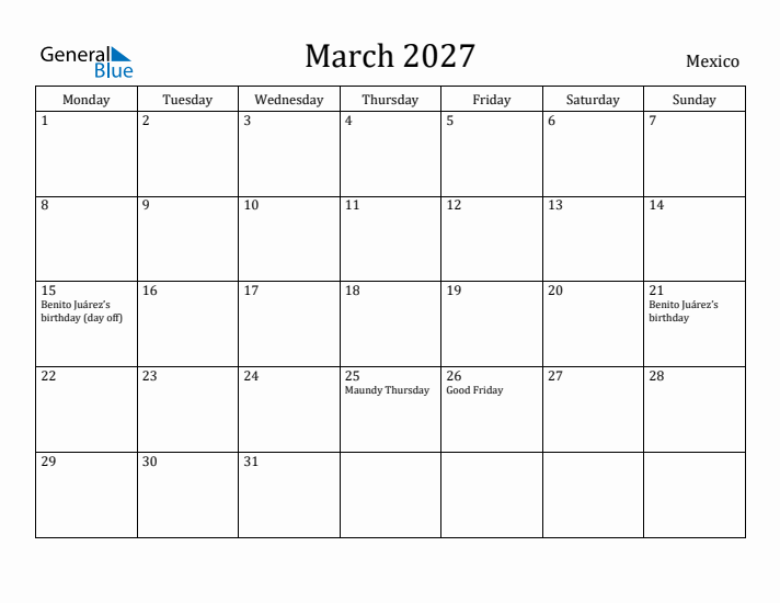March 2027 Calendar Mexico