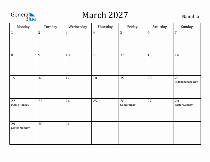 March 2027 Calendar Namibia