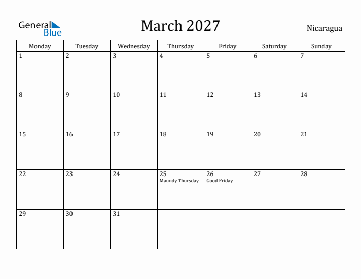 March 2027 Calendar Nicaragua