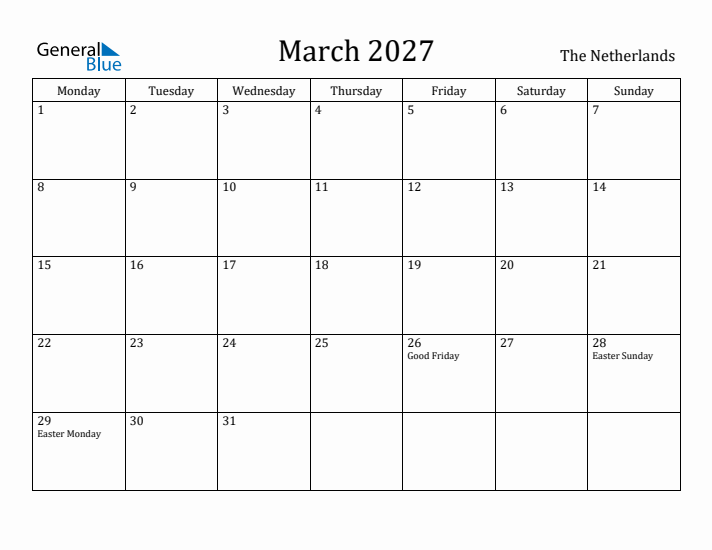 March 2027 Calendar The Netherlands