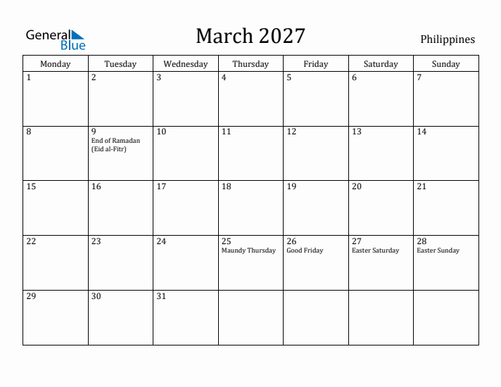March 2027 Calendar Philippines
