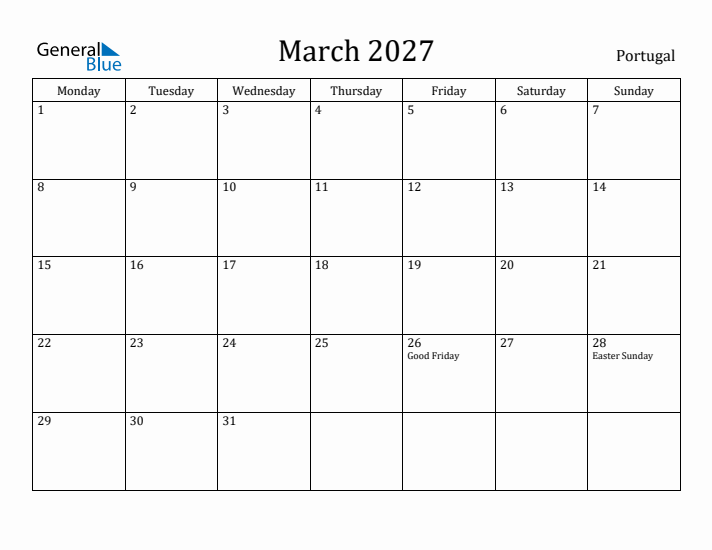 March 2027 Calendar Portugal