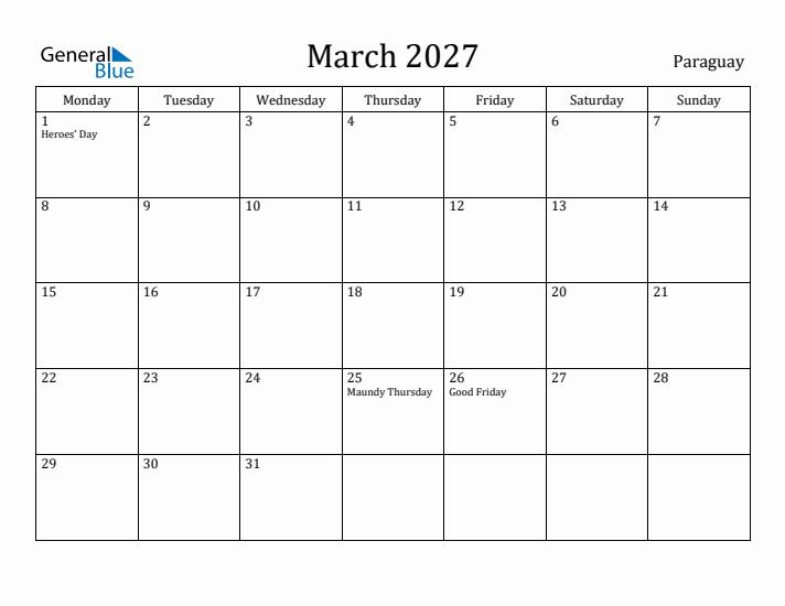 March 2027 Calendar Paraguay
