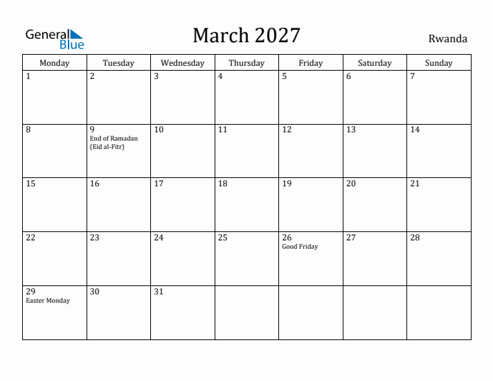 March 2027 Calendar Rwanda