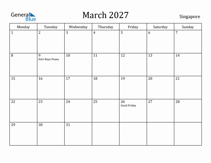 March 2027 Calendar Singapore