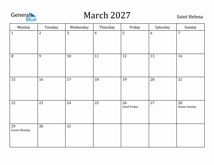 March 2027 Calendar Saint Helena