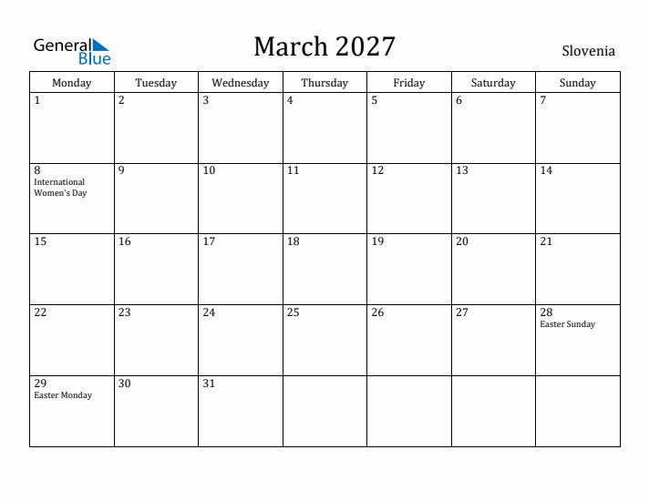 March 2027 Calendar Slovenia