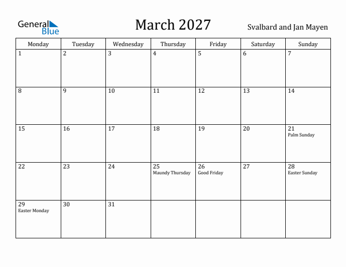 March 2027 Calendar Svalbard and Jan Mayen