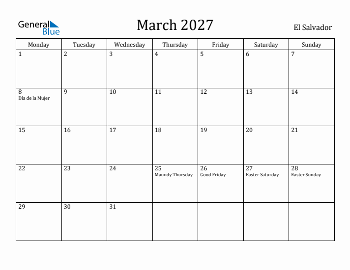 March 2027 Calendar El Salvador