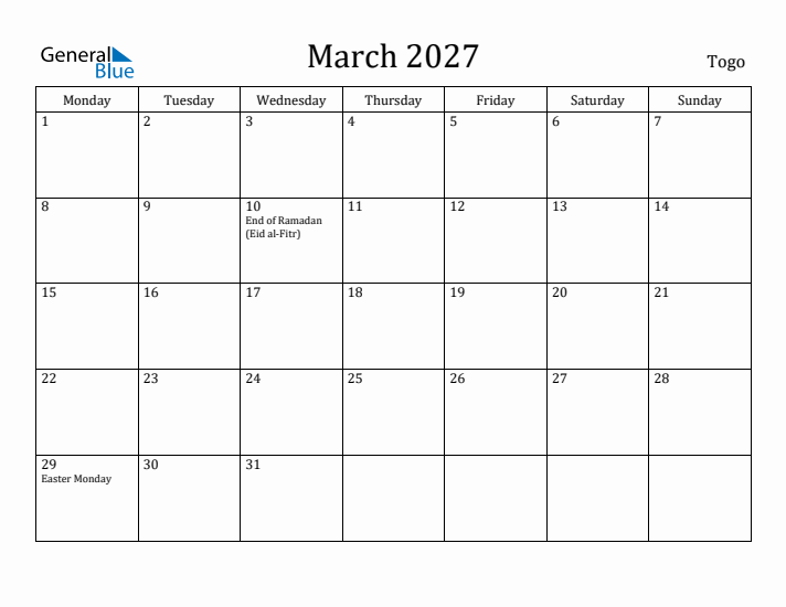 March 2027 Calendar Togo