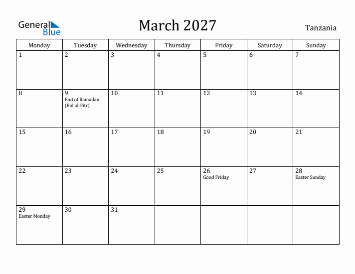 March 2027 Calendar Tanzania