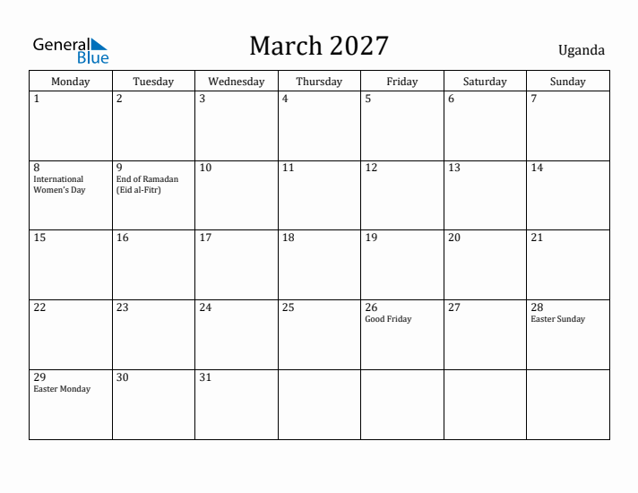March 2027 Calendar Uganda