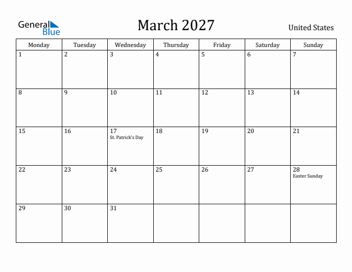 March 2027 Calendar United States