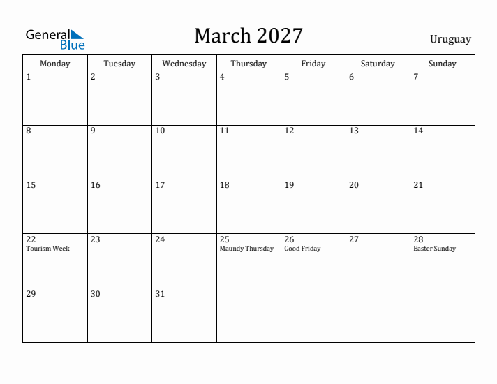 March 2027 Calendar Uruguay