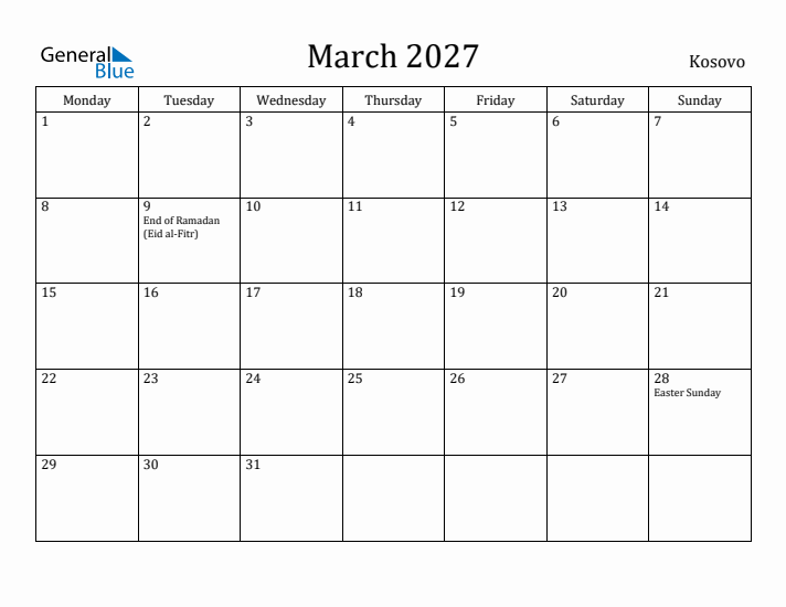 March 2027 Calendar Kosovo