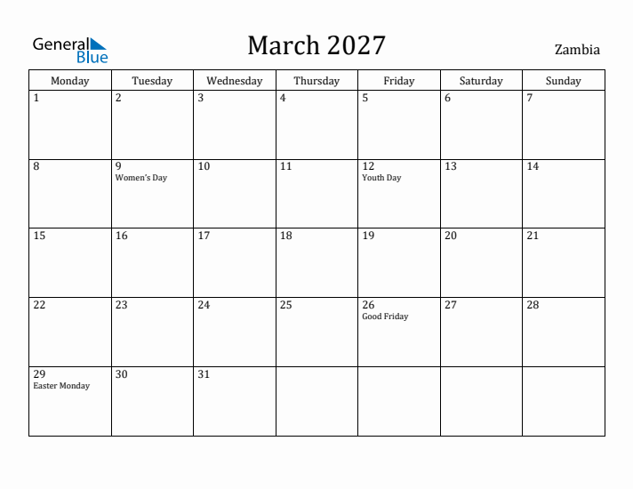 March 2027 Calendar Zambia