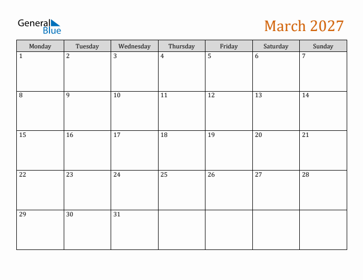 Editable March 2027 Calendar